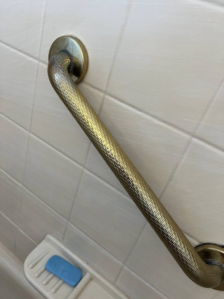 Bathroom grab bar anchored to the wall beside a tub and shower