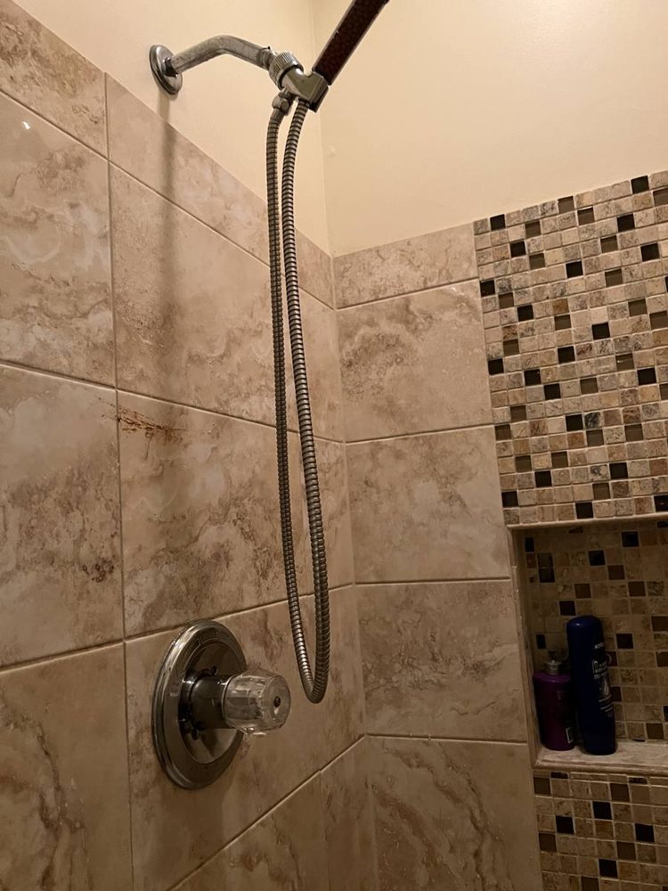 Bathroom grab bar anchored to the wall beside a tub and shower