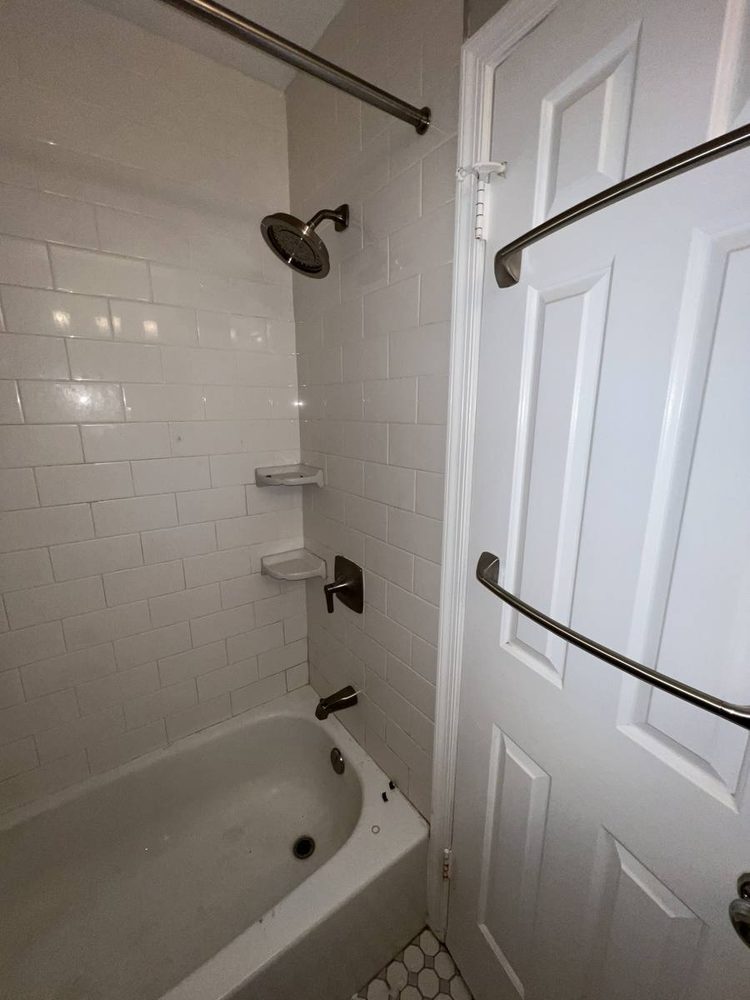 Bathroom grab bar anchored to the wall beside a tub and shower